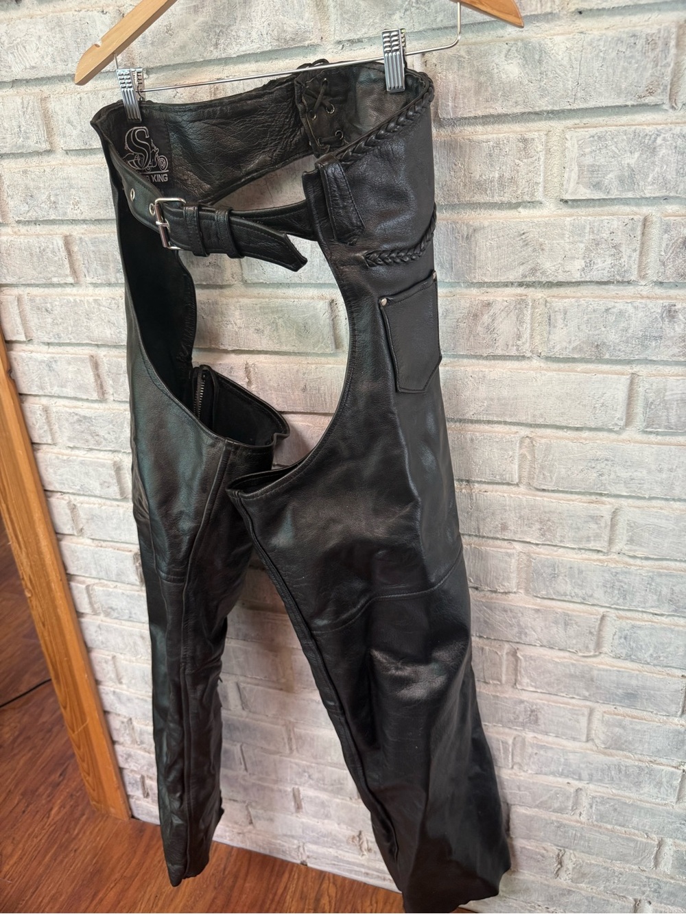Vintage Black Leather Motorcycle Chaps with Buckle Waist
